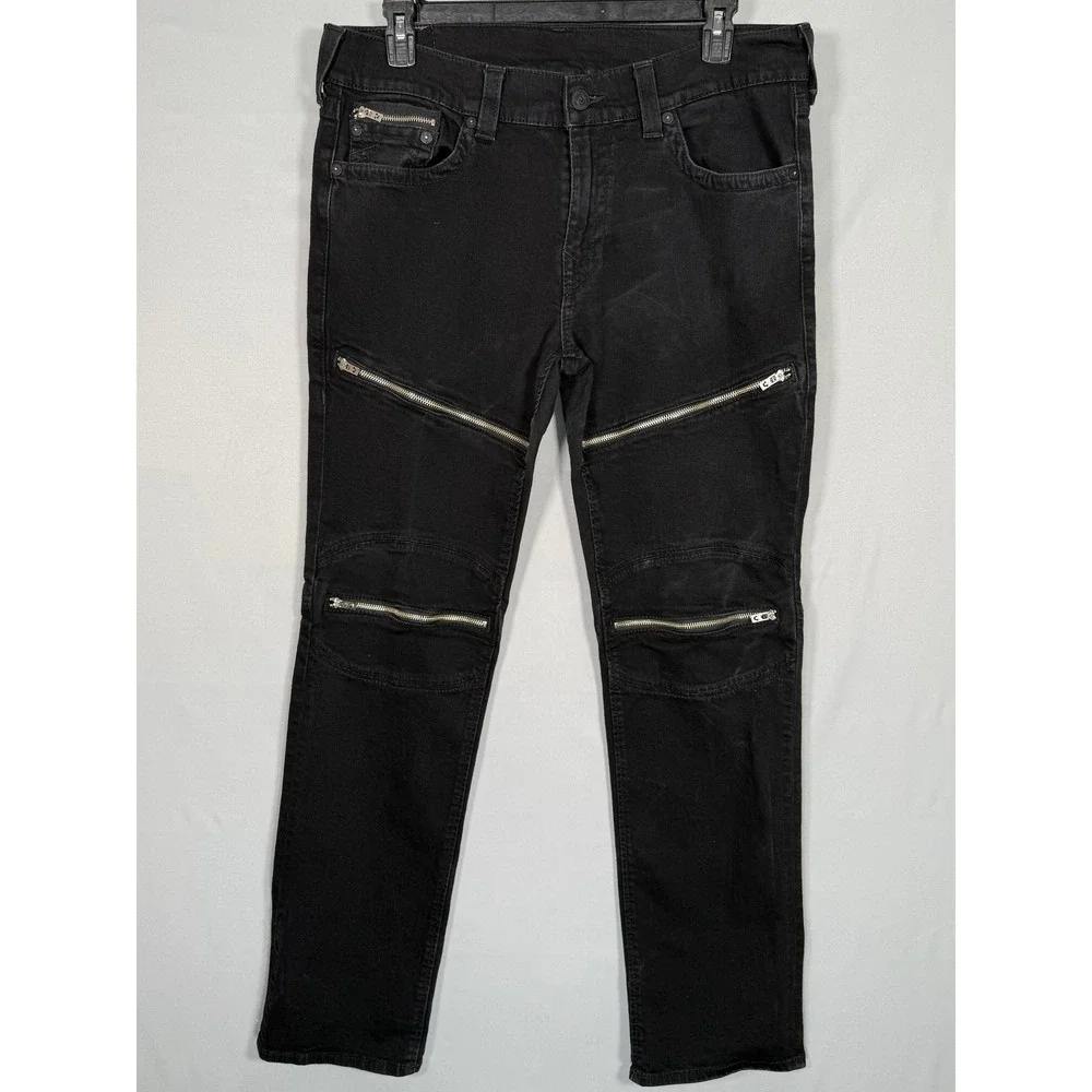 True‎ Religion Mens Slim Moto Zippers Black Biker Jeans MAXH208EL Size 38x33